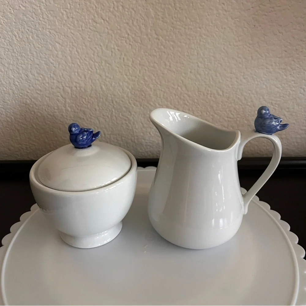 Vintage B.I.A. Cordon Bleu Cream & Sugar Set  Blue Bird Accents White porcelain